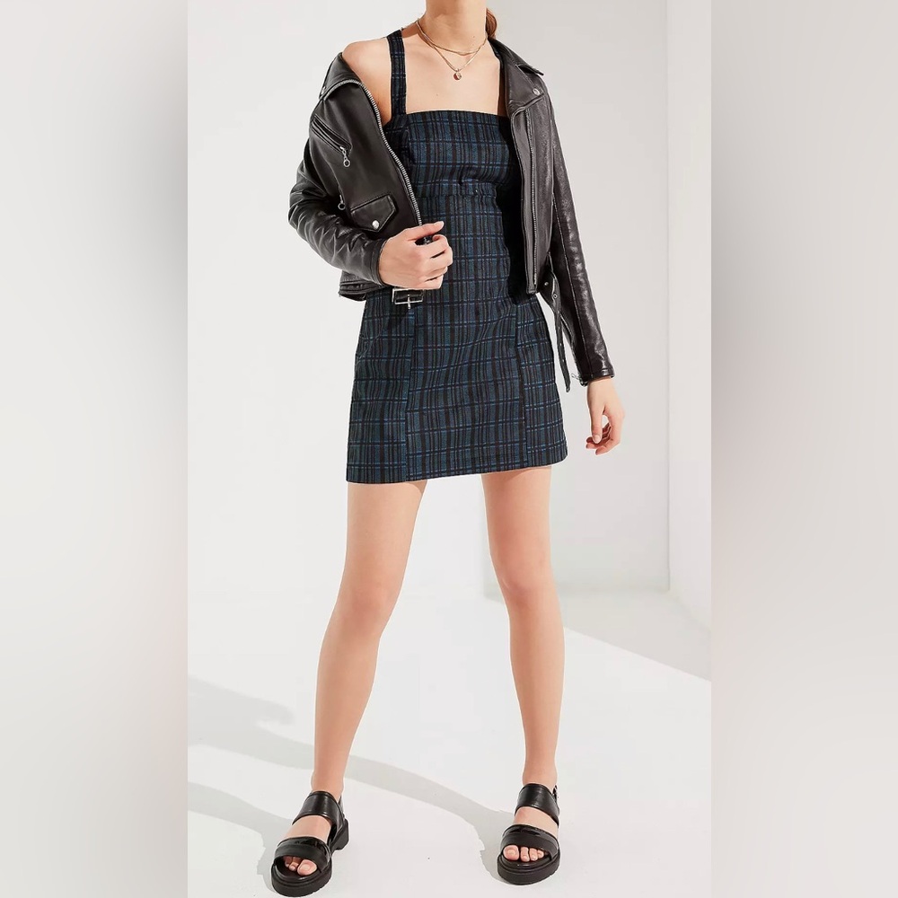 UO Torin Empire-Waist Blue/Black Check Corduroy Dress Size Medium Stretch